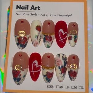 10 PC Hand Crafted Rosey Floral Valentines Nails